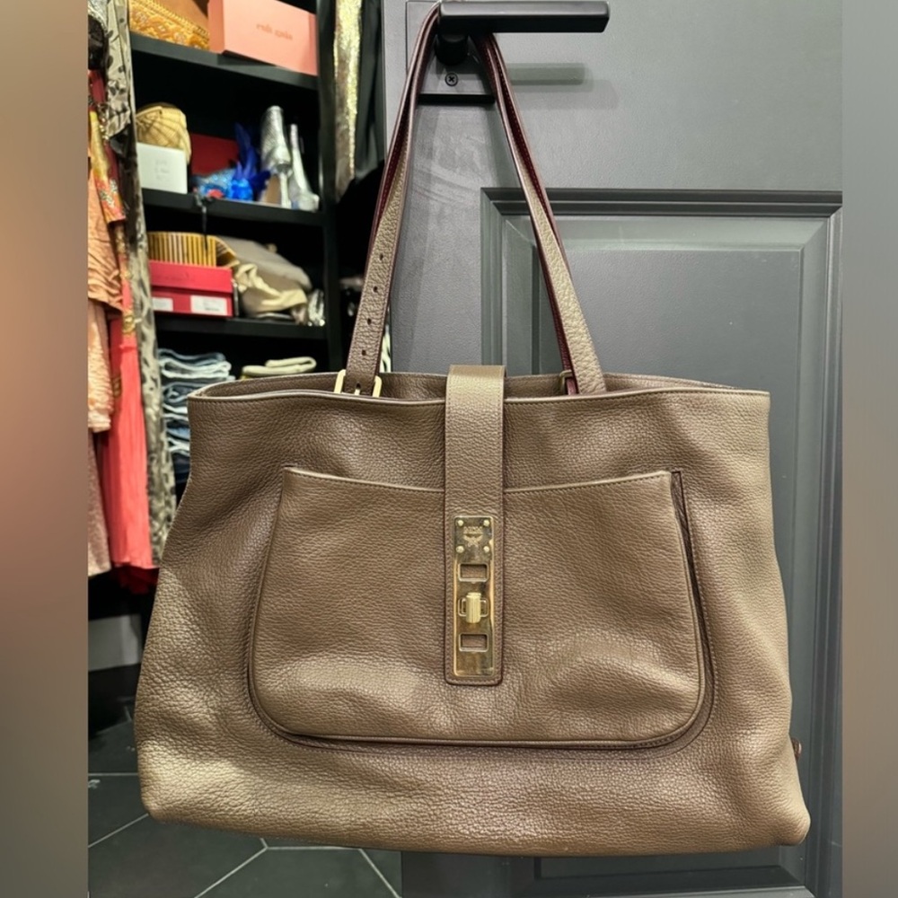 MCM Large Brown Purse with Burgundy/ Purple Snakeskin Print Interior